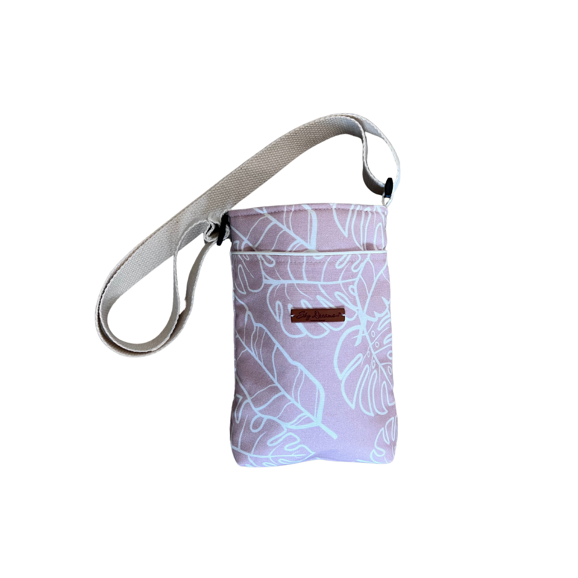 Sky Water bottle crossbody sling-Na Lau Aloha Rose gold w/ beige leaves