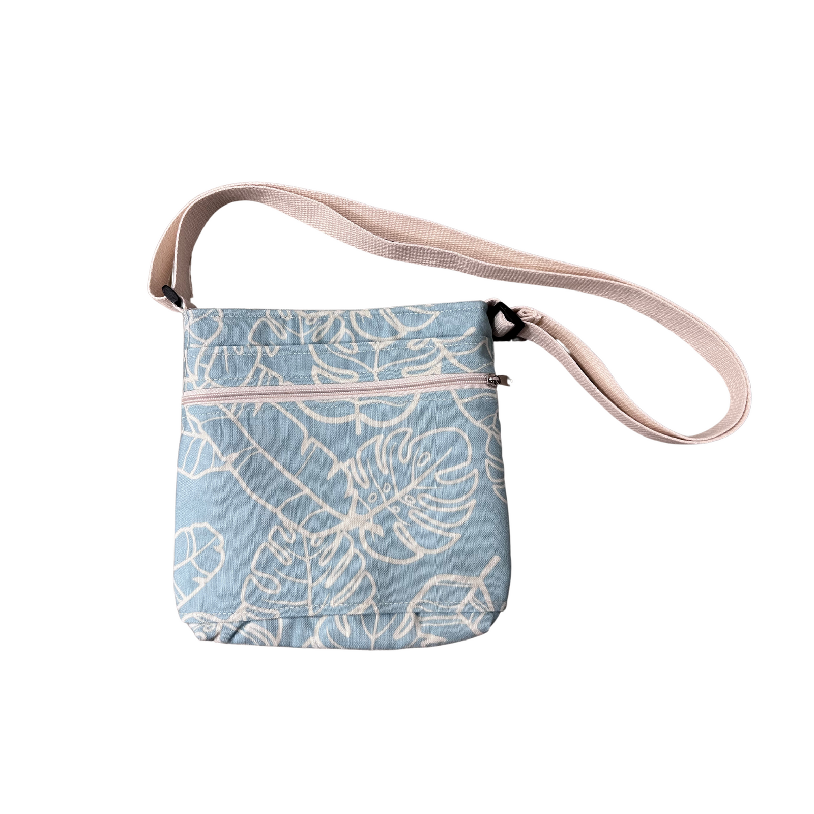 Deluxe Sky Water bottle crossbody sling with Trolley sleeve-Na Lau Aloha Blue with Beige Leaves