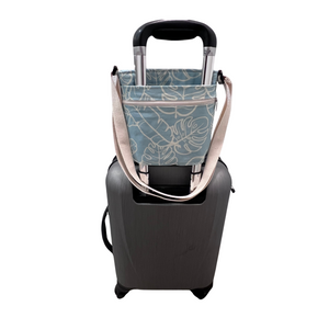 Deluxe Sky Water bottle crossbody sling with Trolley sleeve-Na Lau Aloha Blue with Beige Leaves