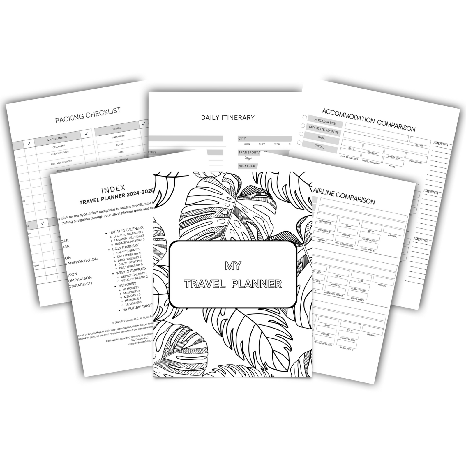 Digital Travel Planner A4 Printable-Large Monstera Scattered