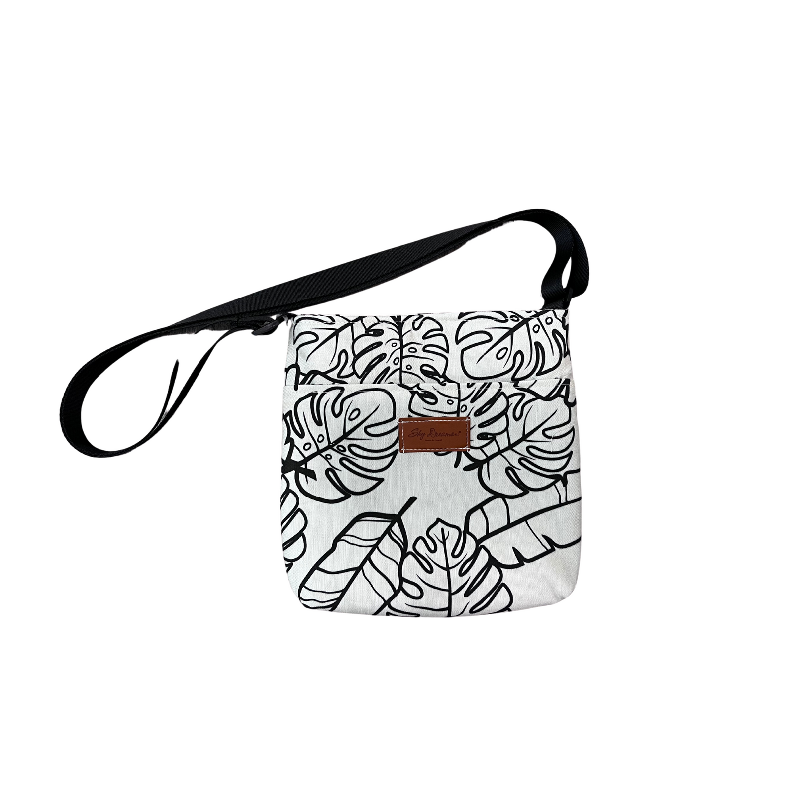 Deluxe Sky Water bottle crossbody sling with Trolley sleeve-Na Lau Aloha Beige with Black leaves