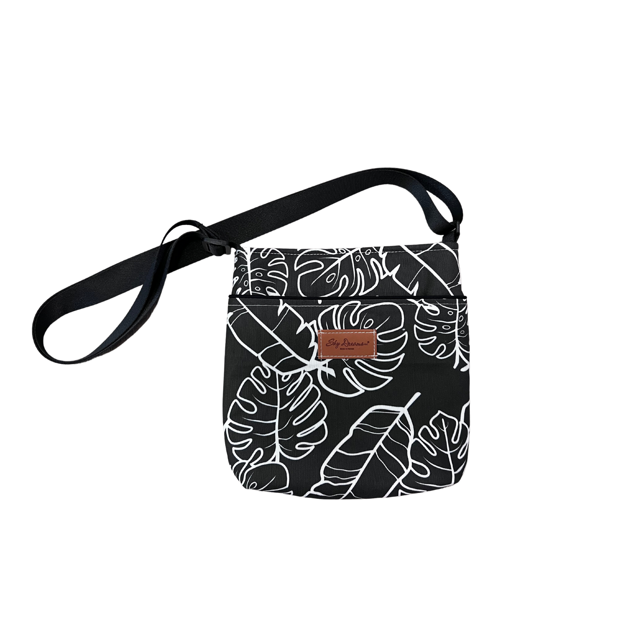 Deluxe Sky Water bottle crossbody sling with Trolley sleeve-Na Lau Aloha Black with Beige leaves