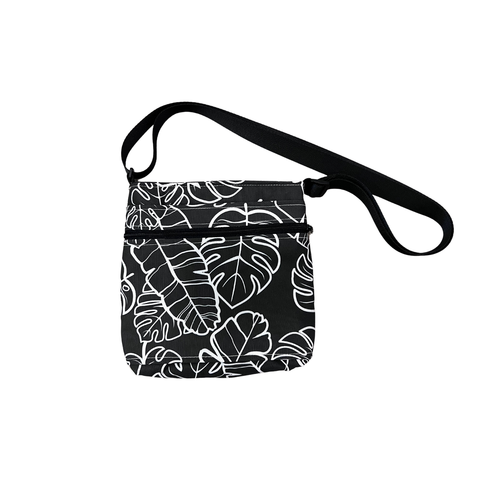 Deluxe Sky Water bottle crossbody sling with Trolley sleeve-Na Lau Aloha Black with Beige leaves