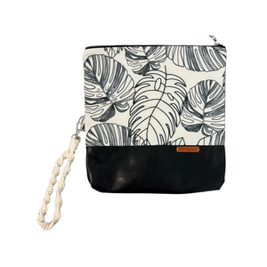 Foldover Pouch w/ Vegan leather-Large Monstera Scattered