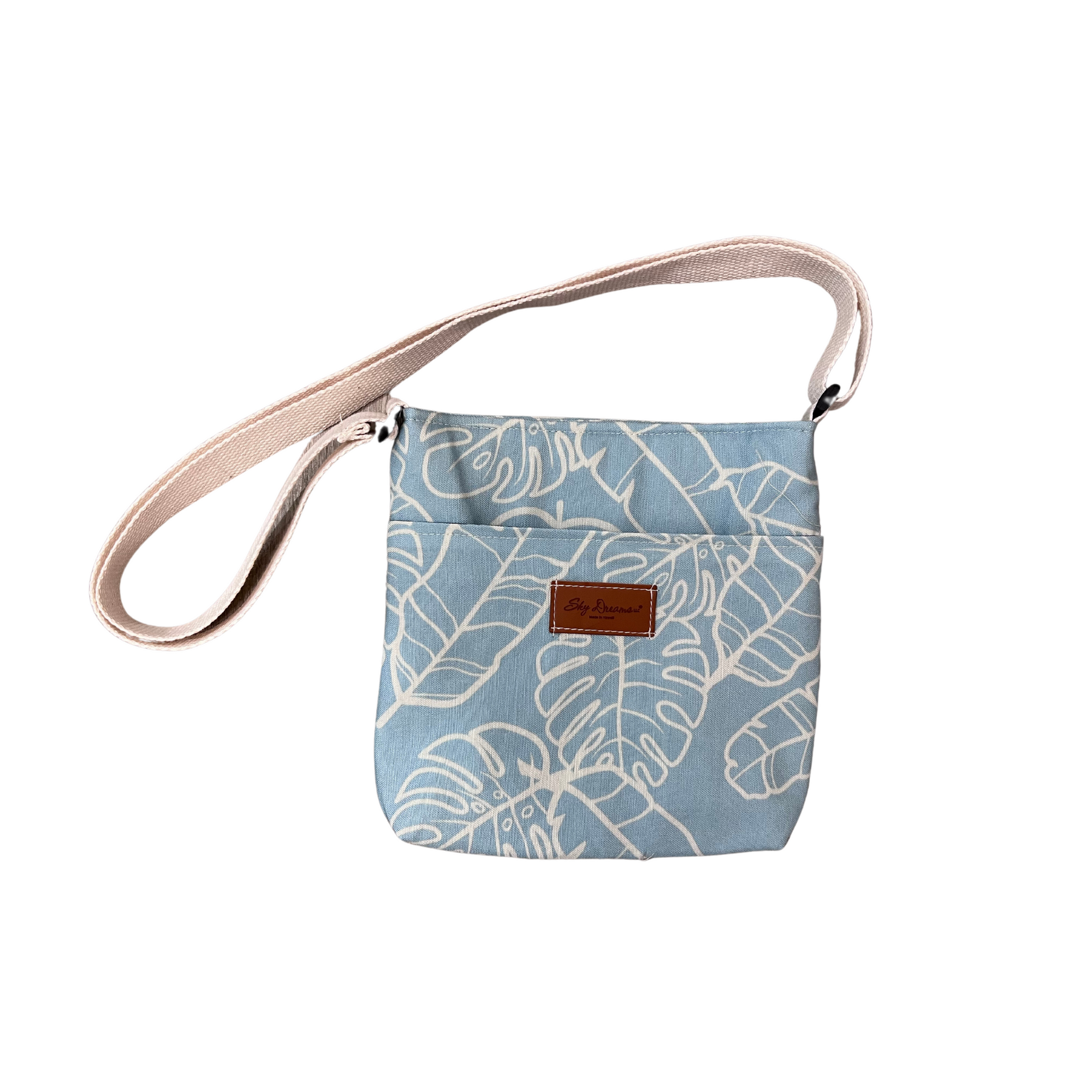 Deluxe Sky Water bottle crossbody sling with Trolley sleeve-Na Lau Aloha Blue with Beige Leaves
