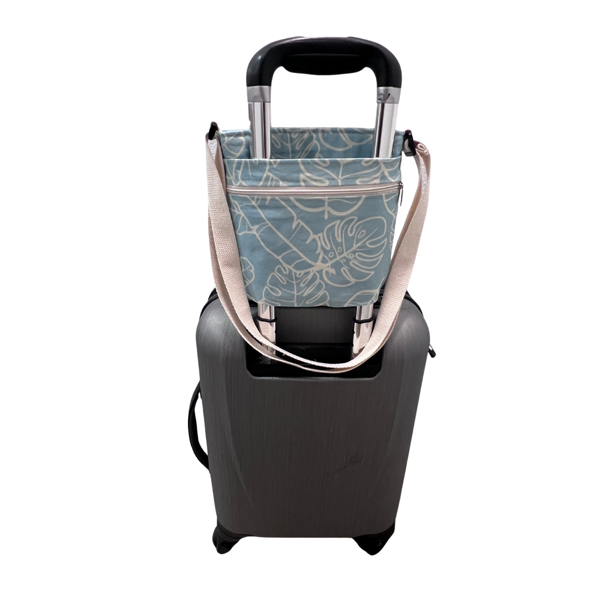 Deluxe Sky Water bottle crossbody sling with Trolley sleeve-Na Lau Aloha Blue with Beige Leaves