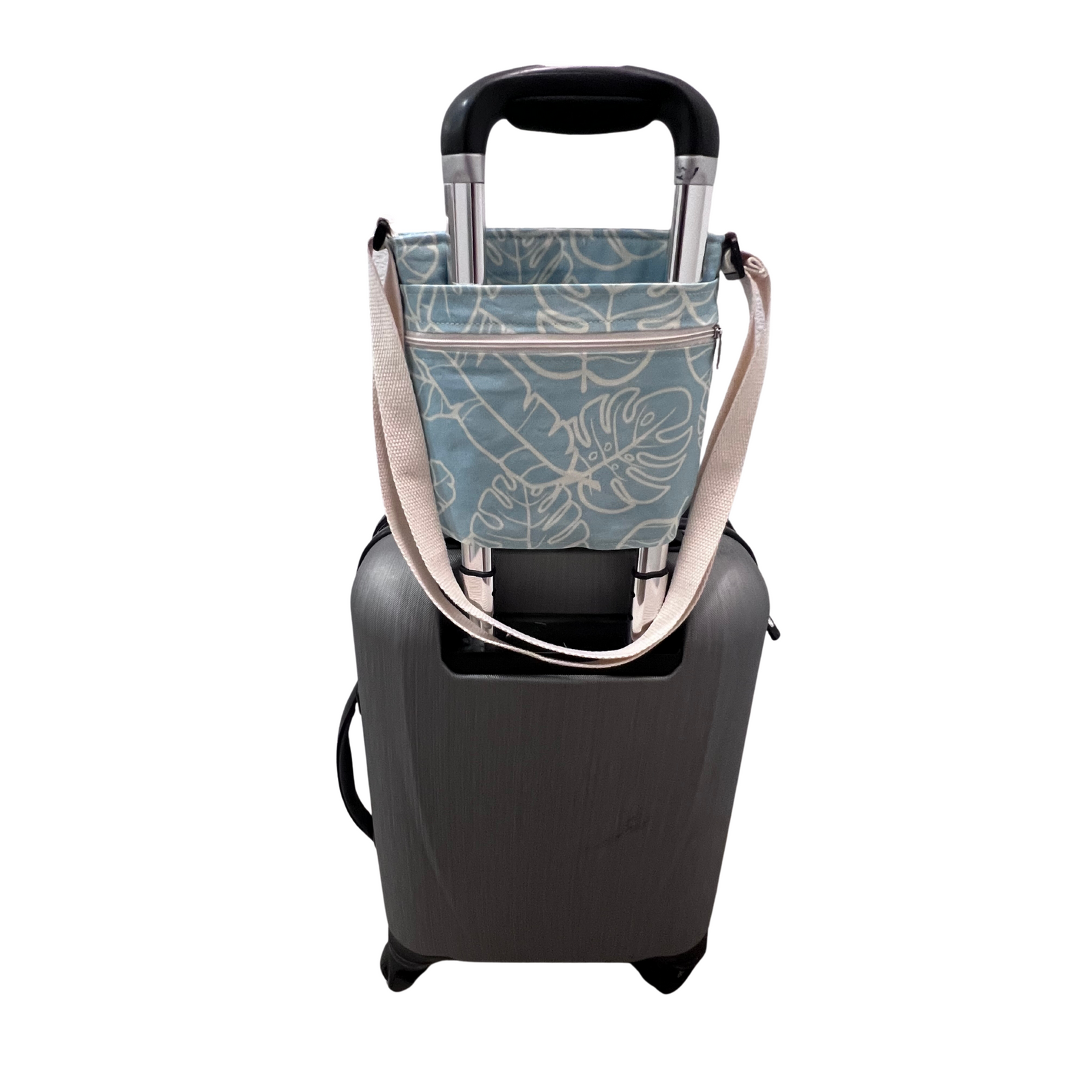 Deluxe Sky Water bottle crossbody sling with Trolley sleeve-Na Lau Aloha Blue with Beige Leaves