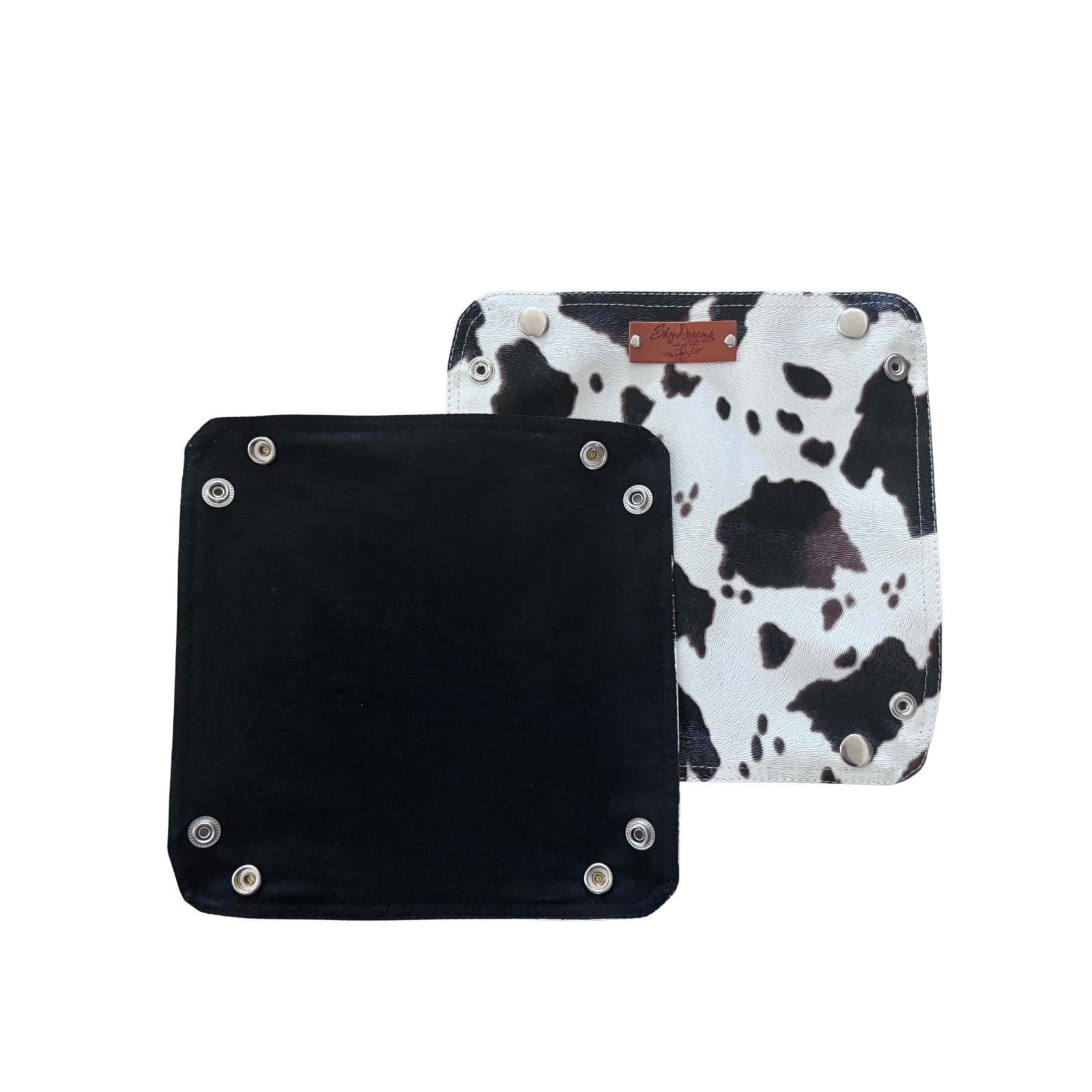 Cowhide Print Vegan Leather Travel Valet - Black