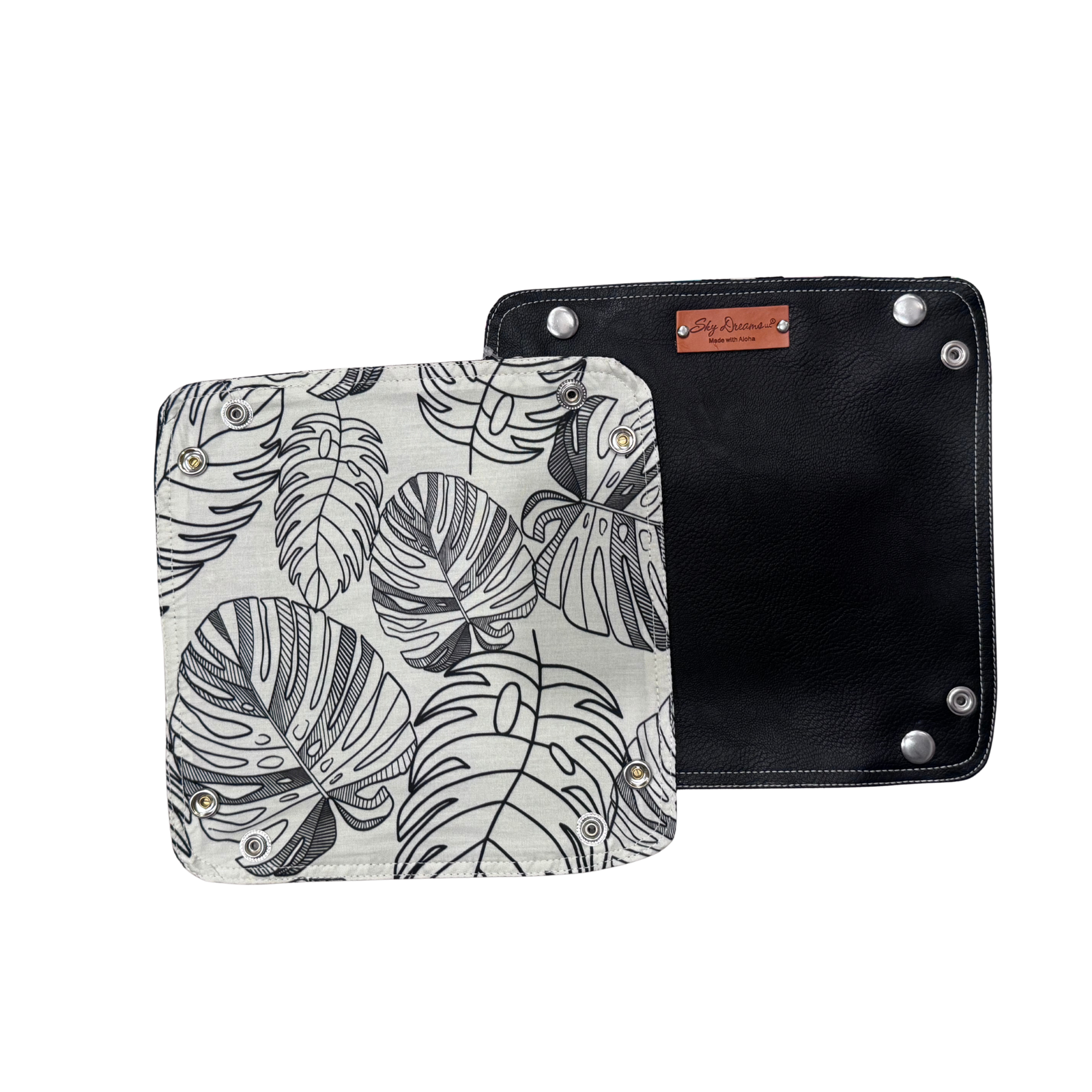 Personalized Black Vegan Leather Travel Valet - Large monstera scattered
