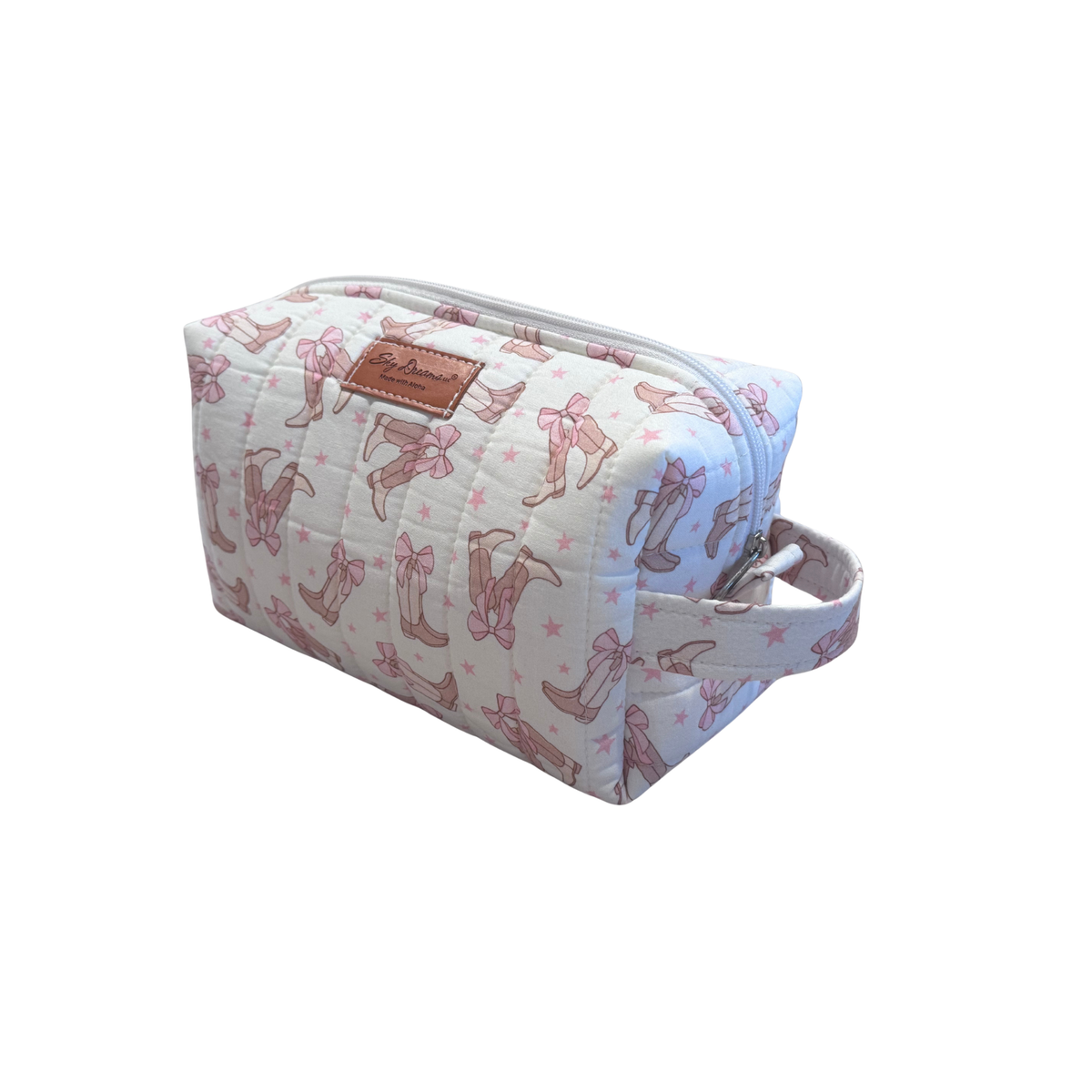 Cosmetic + Toiletry Bag - Quilted Pink Boots and Bows