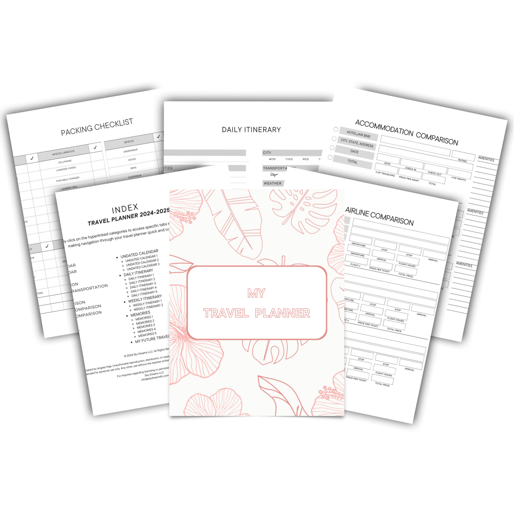 Digital Travel Planner A4 Printable-Rose Gold Hibiscus