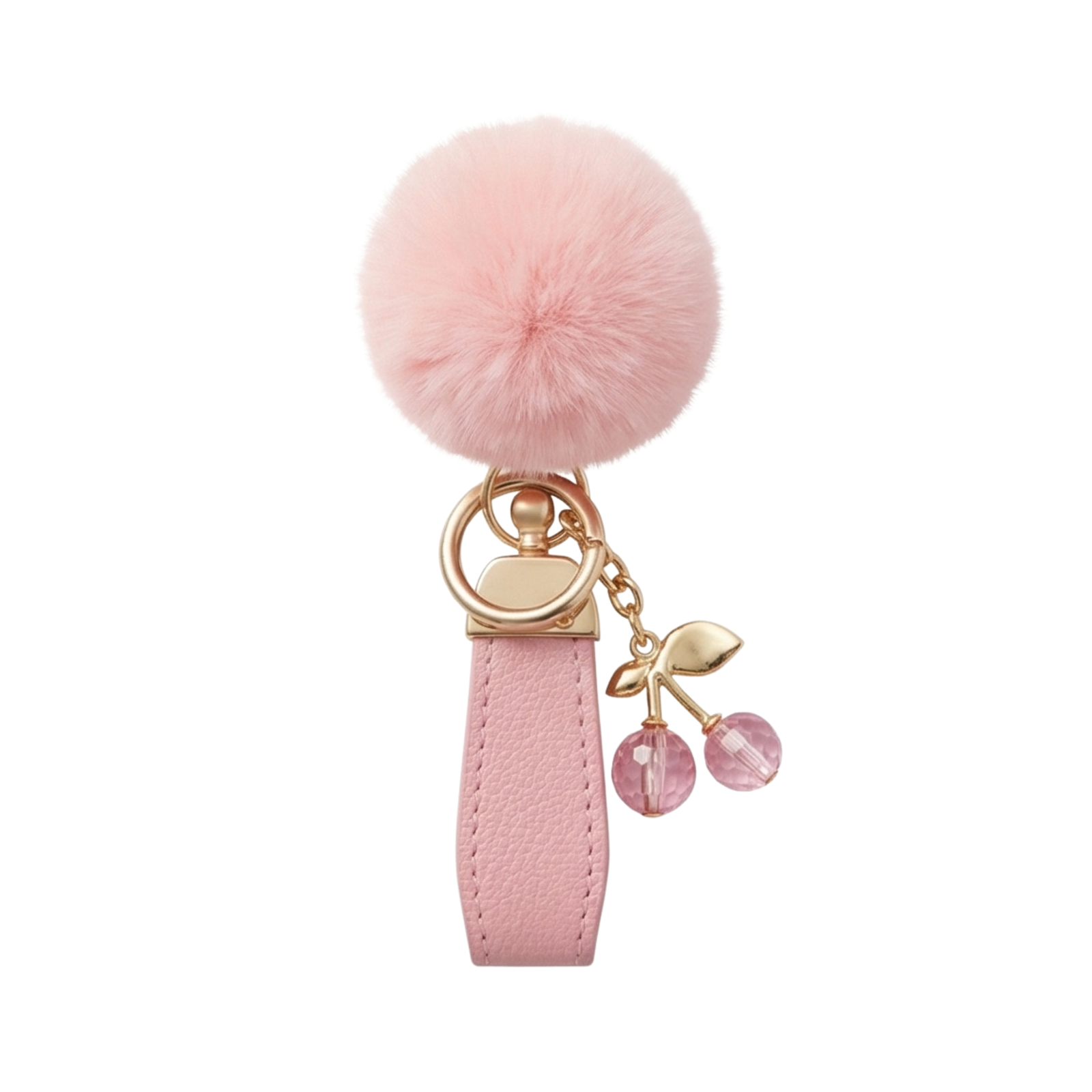 Violet's Sparkle shop-Vegan leather keychain pink cherry & pom pom