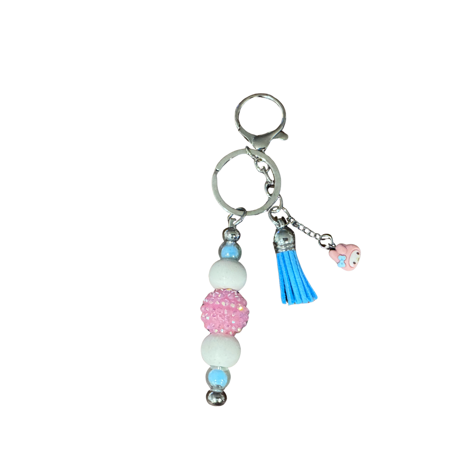 Violet's Sparkle shop-Beaded keychain large pink sparkle blue tassel and kawaii charm
