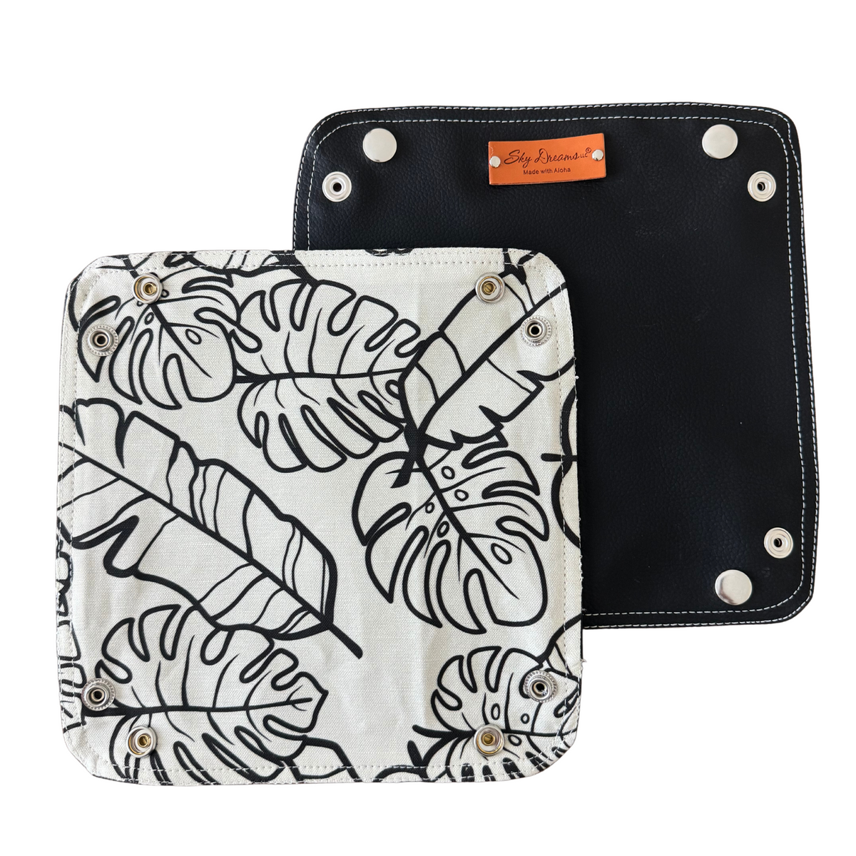 Personalized Black Vegan Leather Travel Valet - Na Lau Aloha Beige w/ Black leaves