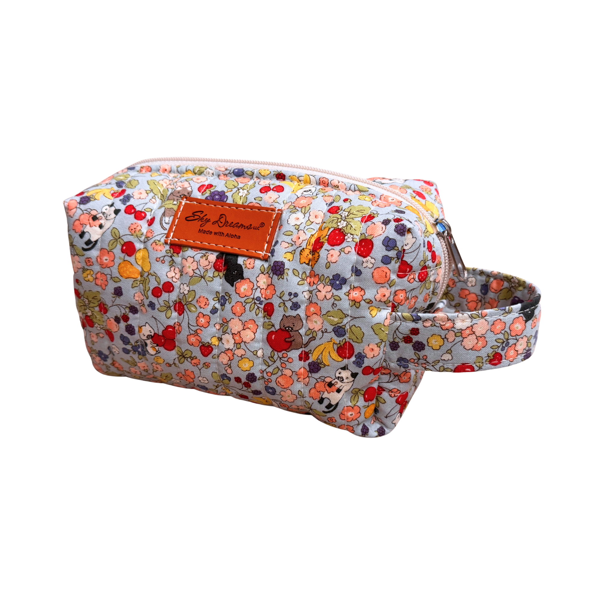 Mini Jet set cosmetic bag-Quilted Baby Blue Strawberries & Cherries