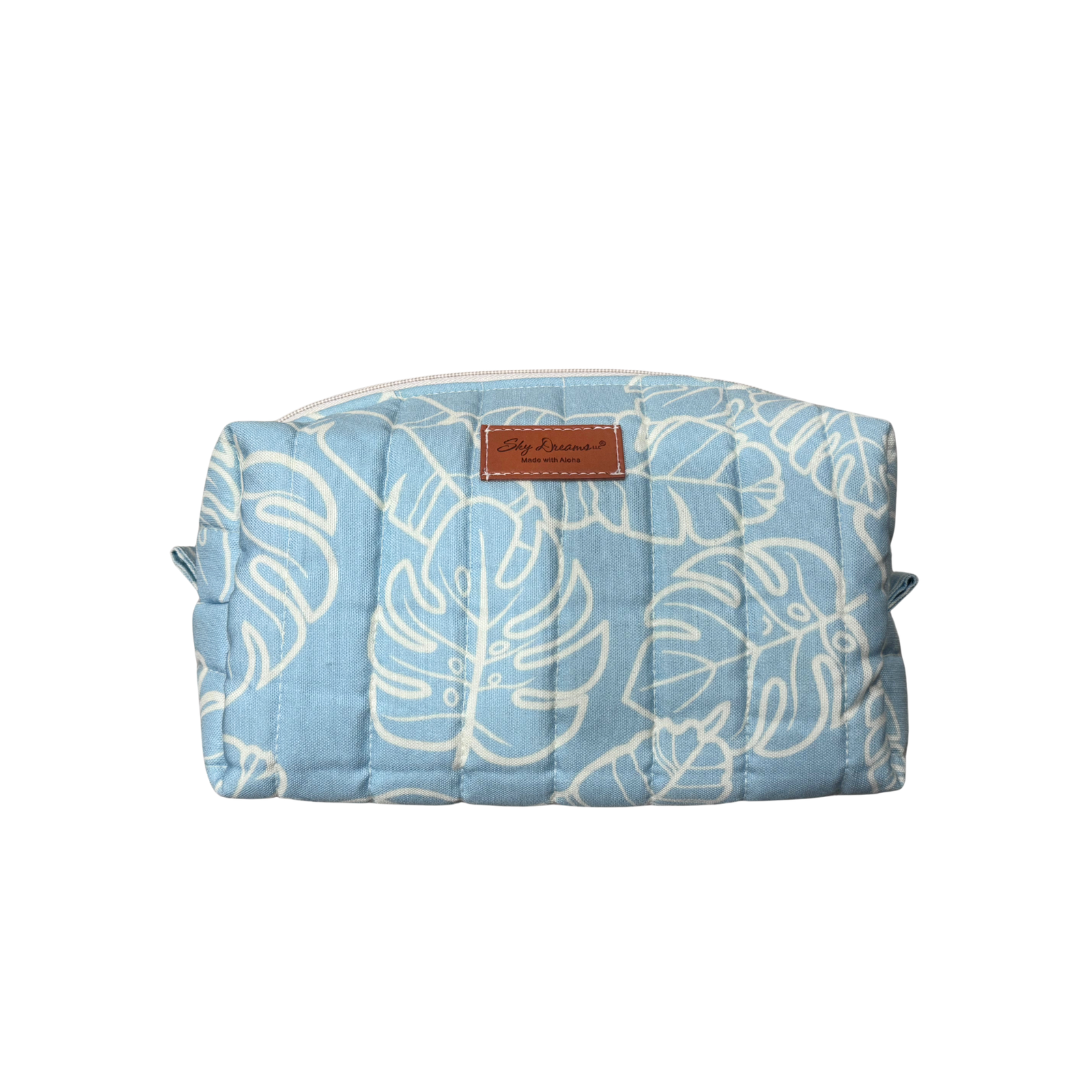 Large jet set cosmetic/toiletry bag-Na lau Aloha blue w/ beige leaves