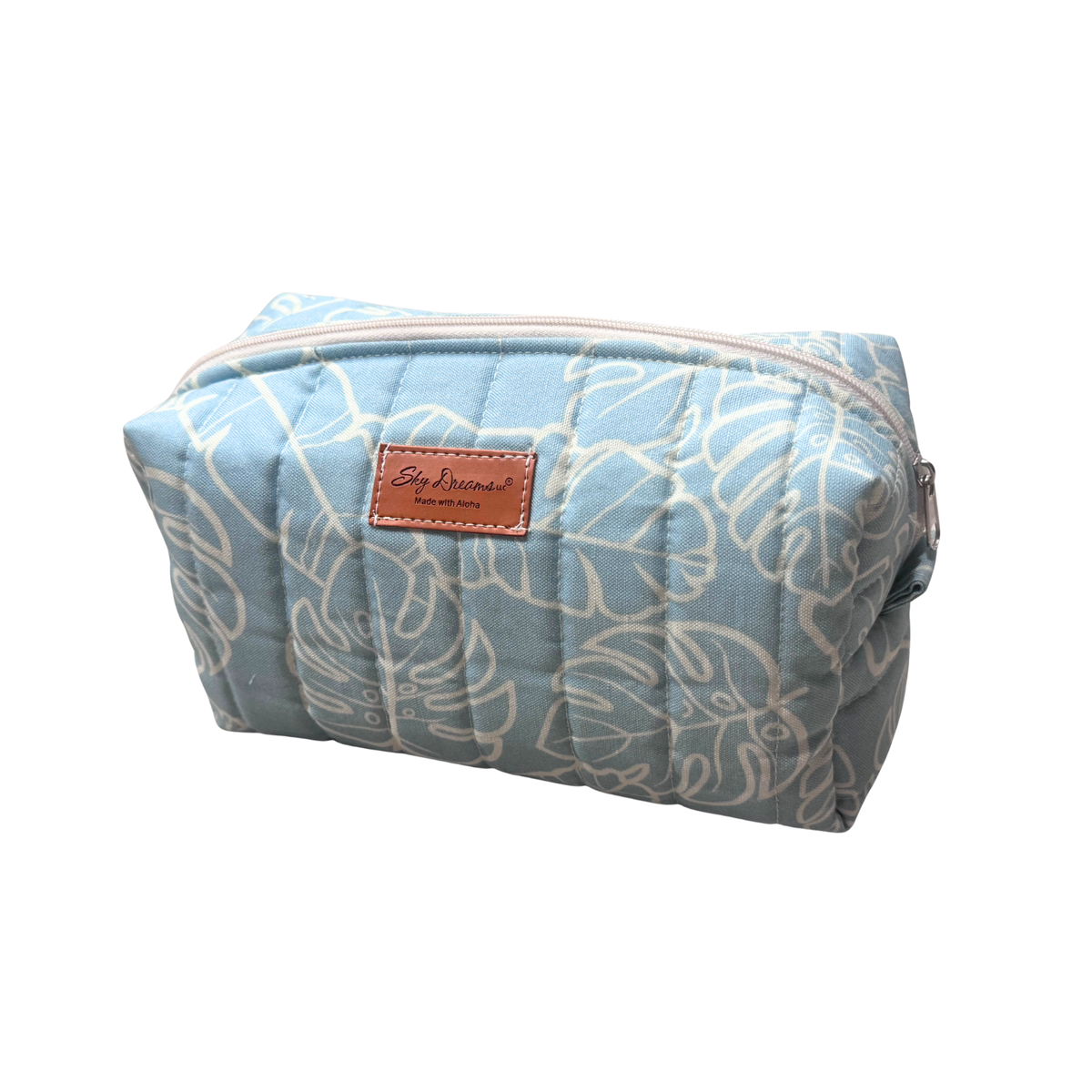 Large jet set cosmetic/toiletry bag-Na lau Aloha blue w/ beige leaves
