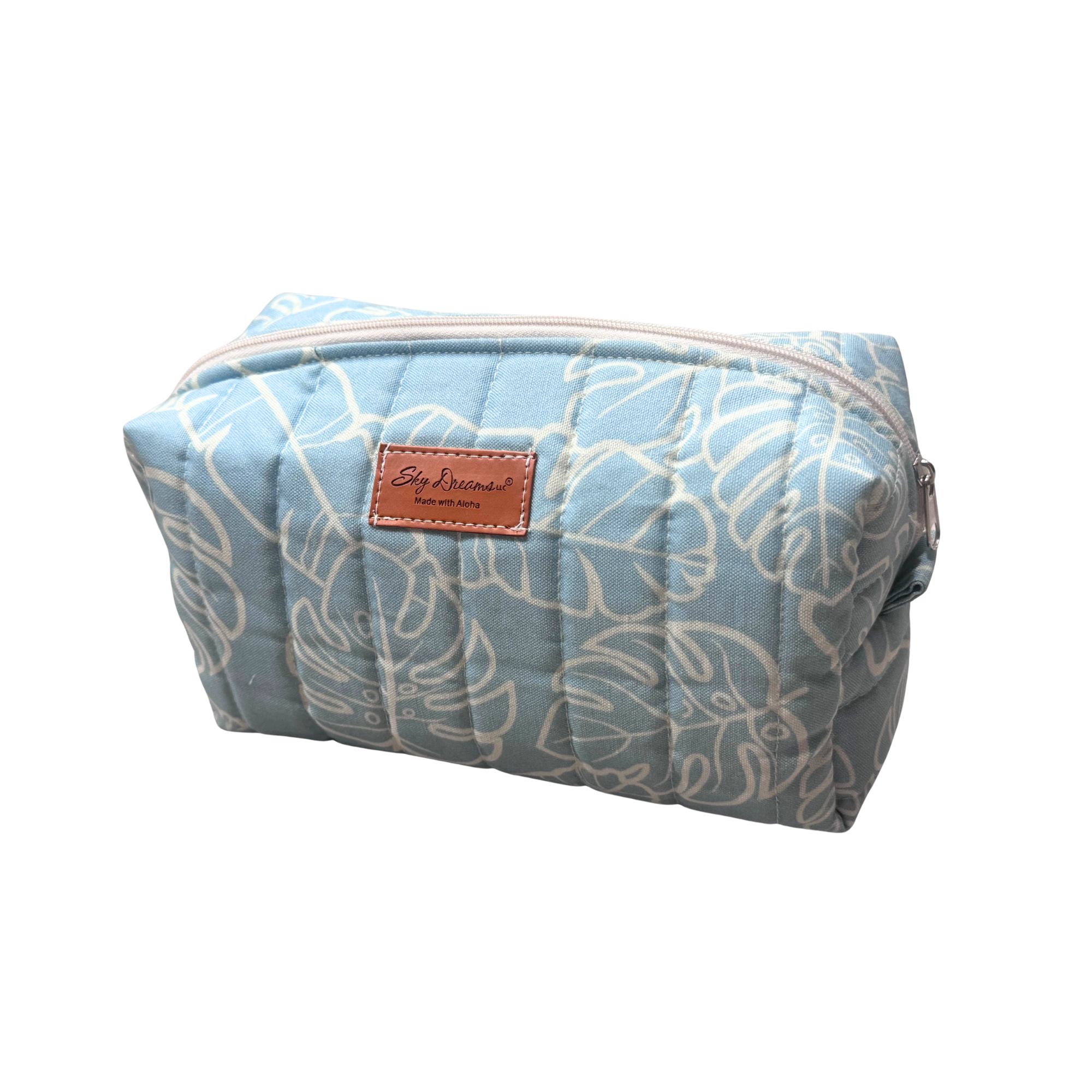 Large jet set cosmetic/toiletry bag-Na lau Aloha blue w/ beige leaves