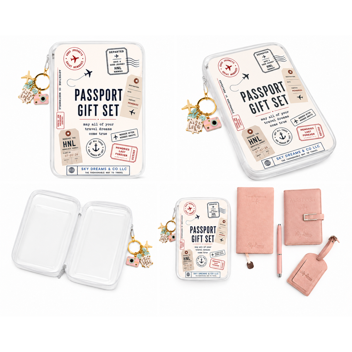 Passport gift set-Pink vegan leather with clear hardshell zipper pouch
