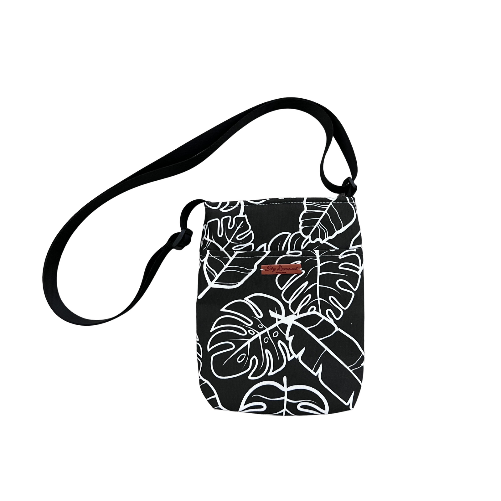 Sky Water bottle crossbody sling-Na Lau Aloha Black with beige leaves