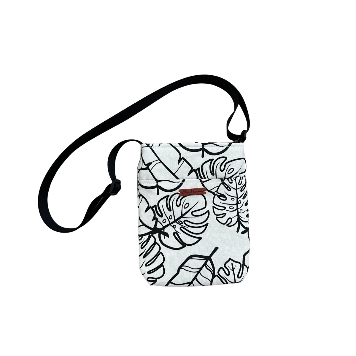 Sky Water bottle crossbody sling-Na Lau aloha Beige with Black leaves